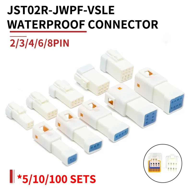 

5/10/100 Sets Automotive Connectors JST02R-JWPF-VSLE 2/3/4/6/8 Pin Waterproof Connectors Male and Female Butt Plugs