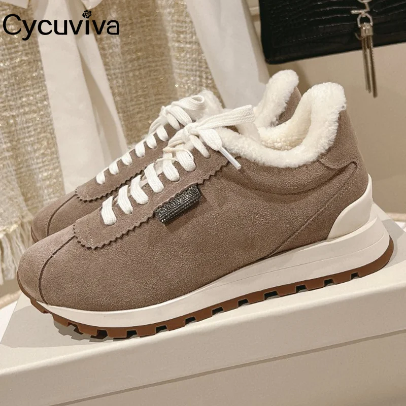 Venda quente camurça lã sapatos planos mulheres sola grossa rendas até designer sapatos de pele quente inverno casual festa férias sapatos caminhada feminino