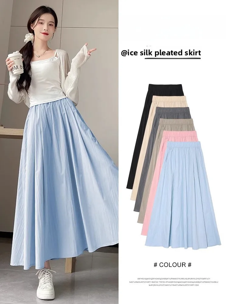 

Женская летняя тонкая плиссированная юбка-полусолнце больших размеров из ледяного шелка с высокой талией, скрывающая бедра, свободного кроя, А-силуэт