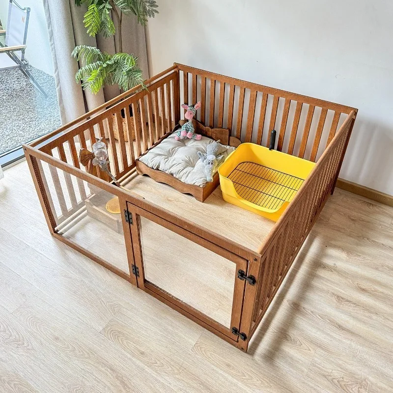 Solid Wood Pet Fence Indoor Large Dogs Enclosure Multifunction Transparent Cat Dog Playpen Openable Door Puppy Pets Wooden Cage