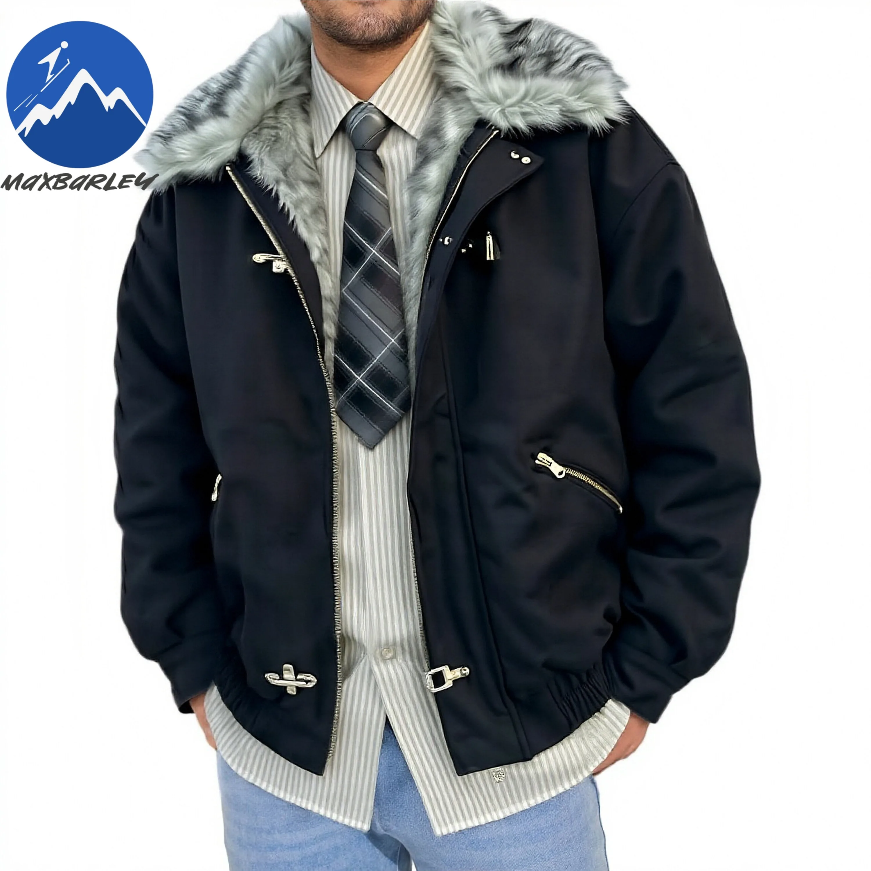 

Maxbarley Men's Winter Faux Fur Collar Jacket Thick Warm Coat Mouton Style Snap Button Quilted Cotton Parka Vintage Outerwear