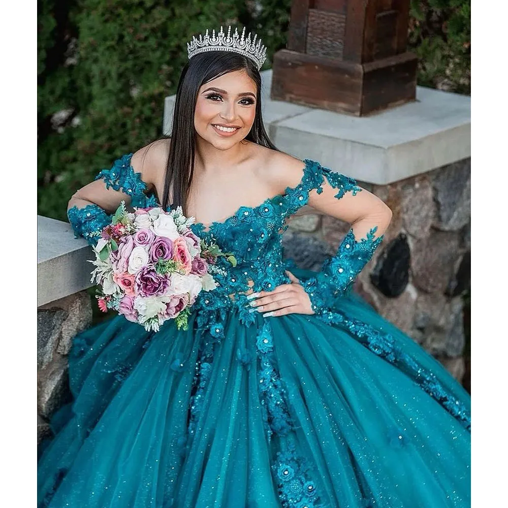 فساتين Princess Quinceanera 2022 مزينة بالدانتيل الحلو 16 فستان بأكمام طويلة vestidos de 15 فساتين حفلات