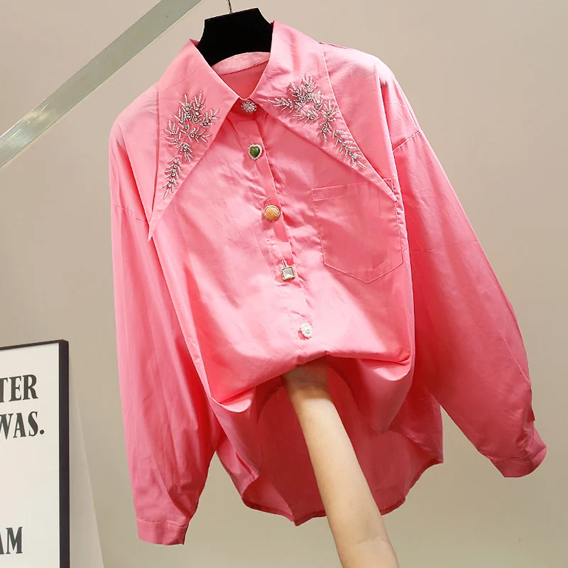 

Heavyweight Handmade Beaded Long Pointed Collar Casual Loose Cotton Long Sve irt Faionable Slimming Trendy Busin Ca...