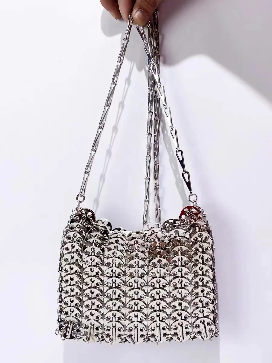 Luxury Designer Bling Shiny Evening Bag Metal Sequined Woven Handmade Handbag Wedding Party Clutch Purse Women Crossbody Bag