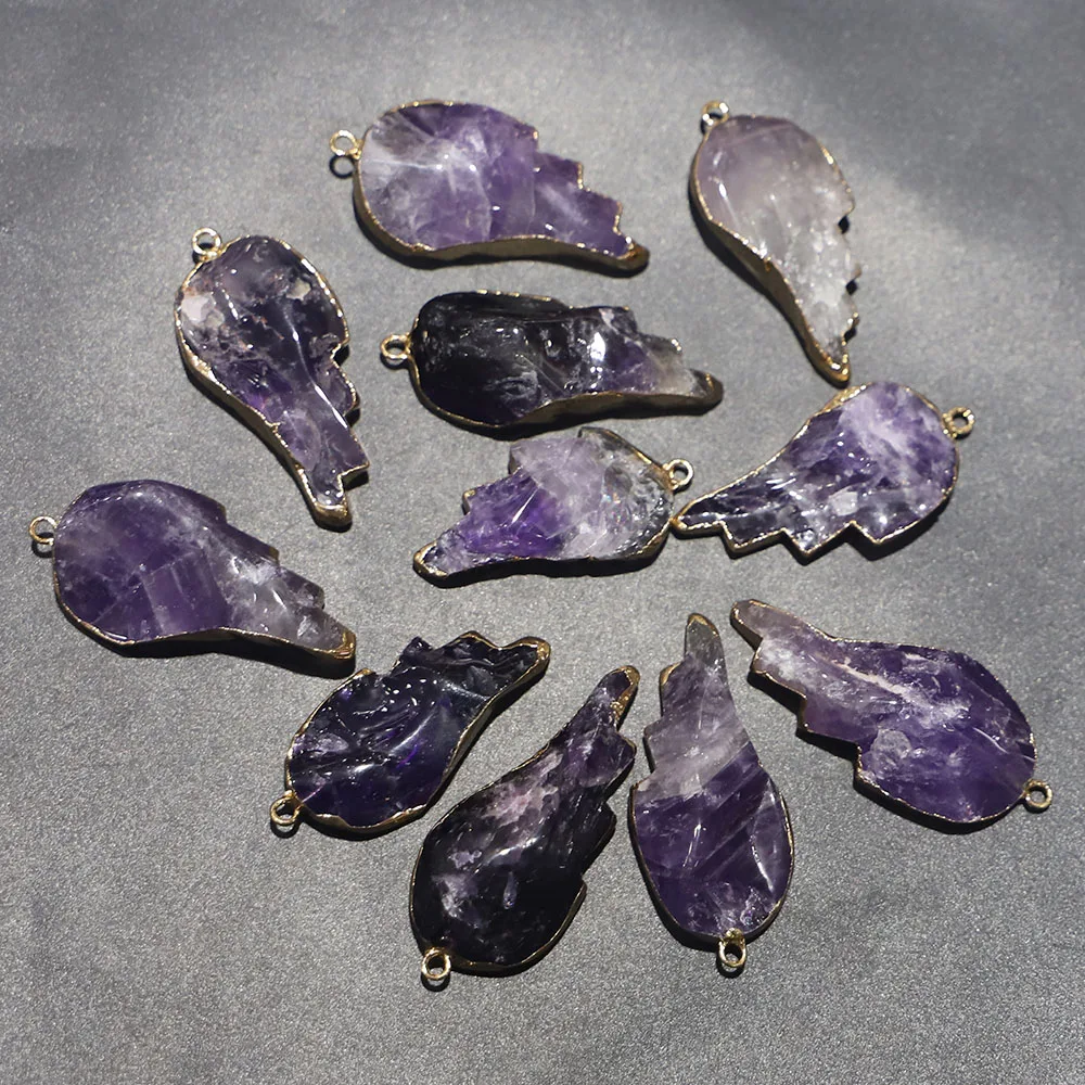 Natural Amethyst Stone Leaf Gold Plated Necklaces Pendants Reiki Charms Making Jewelry Accessories Wholesale 6Pcs Free Shipping