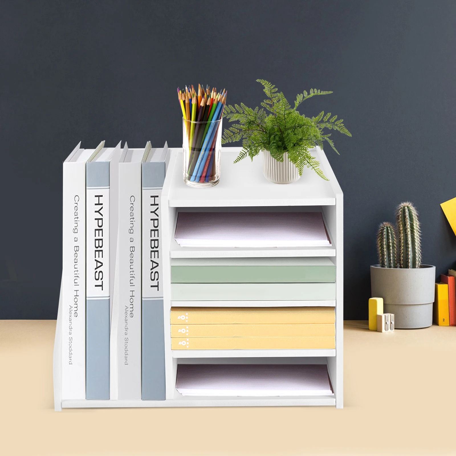 Desktop 4 tier A4 in Tray Office Desk Tidy File Holder Paper Organiser Magazine Storage Filing Rack White 39*31*30cm