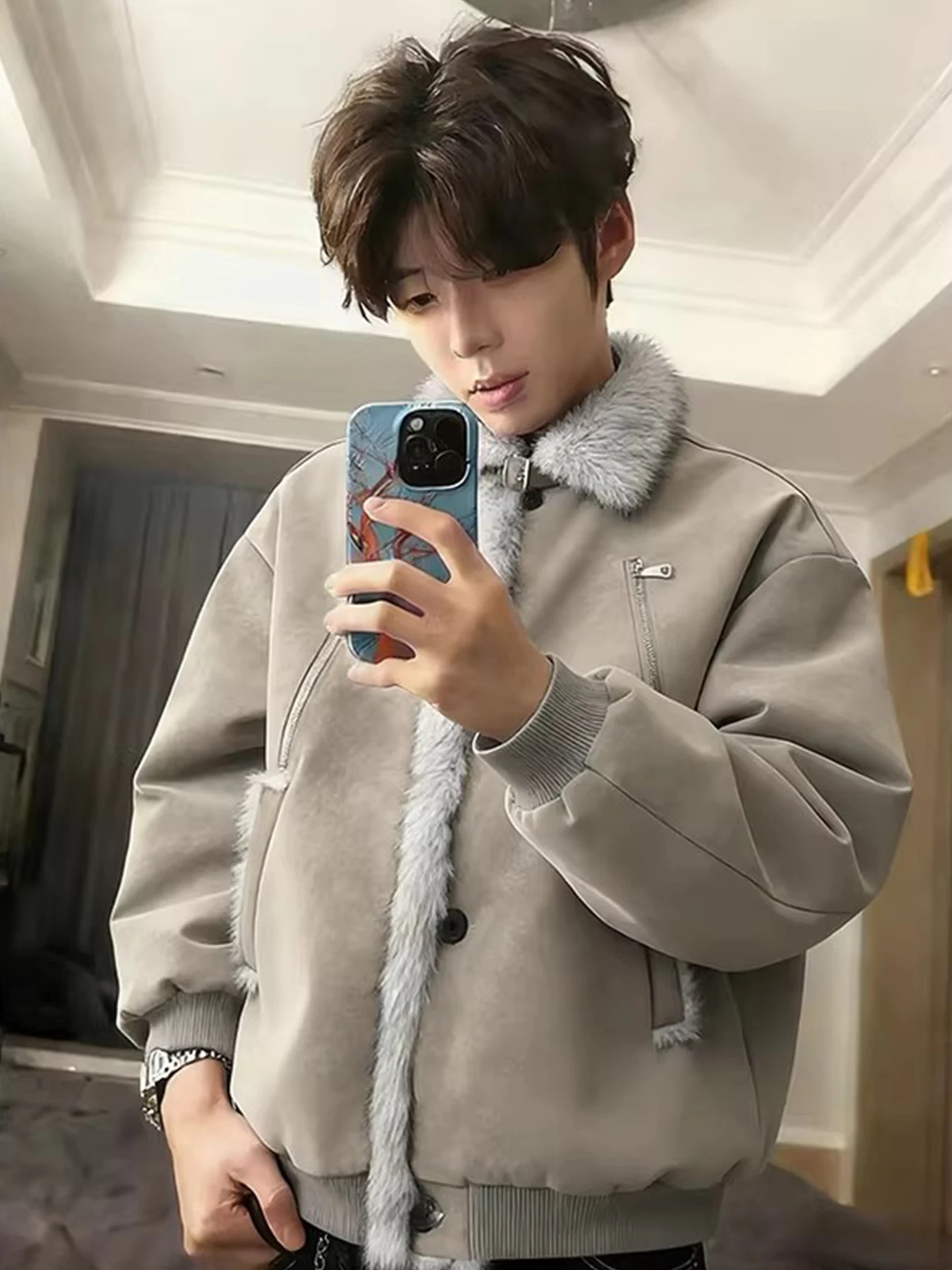 

Мотоциклетное джутовое зимнее пальто из искусственной кожи с двойной молнией и узором личи для мужчин с меховым воротником, повседневное молодежное пальто