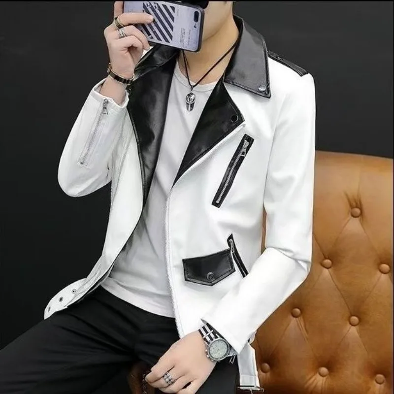 

Non-mainstream Personality Leather Slim-fit Coat Men PU Motorcycle Jacket Youth Handsome Fashion Leather Jacket Individuality