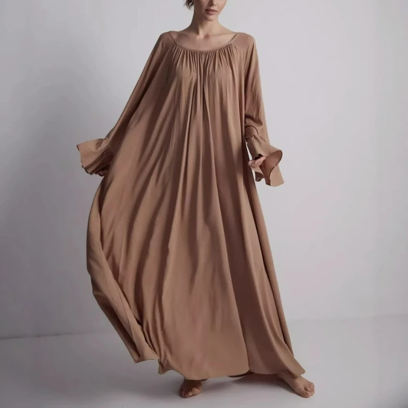 European American Early Autumn New High-end French Laid-back Style Long Gown Women's Home Wear Solid Color Loose Dress for Women