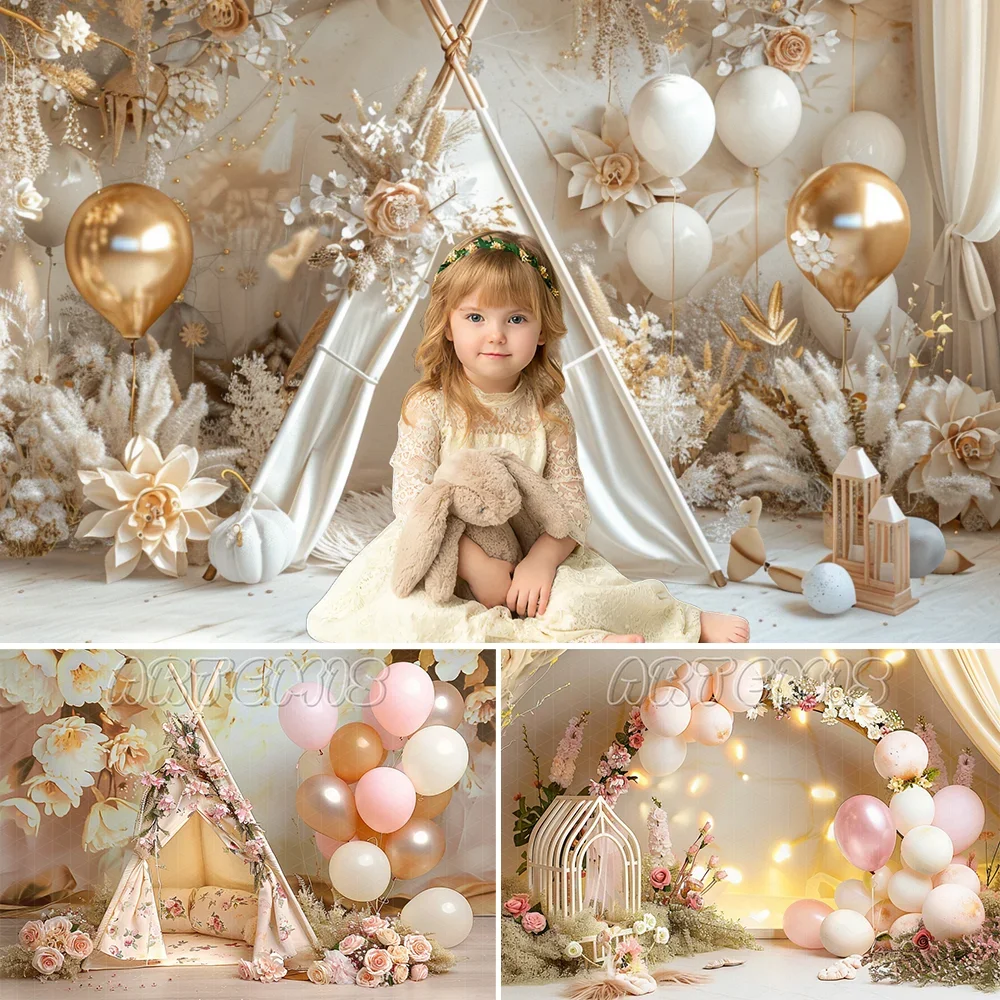 

Kids' Birthday Portrait Photo Background Teepee Tent Flower Balloons Gold Baby Shower Decora Backdrop Photography Props Studio