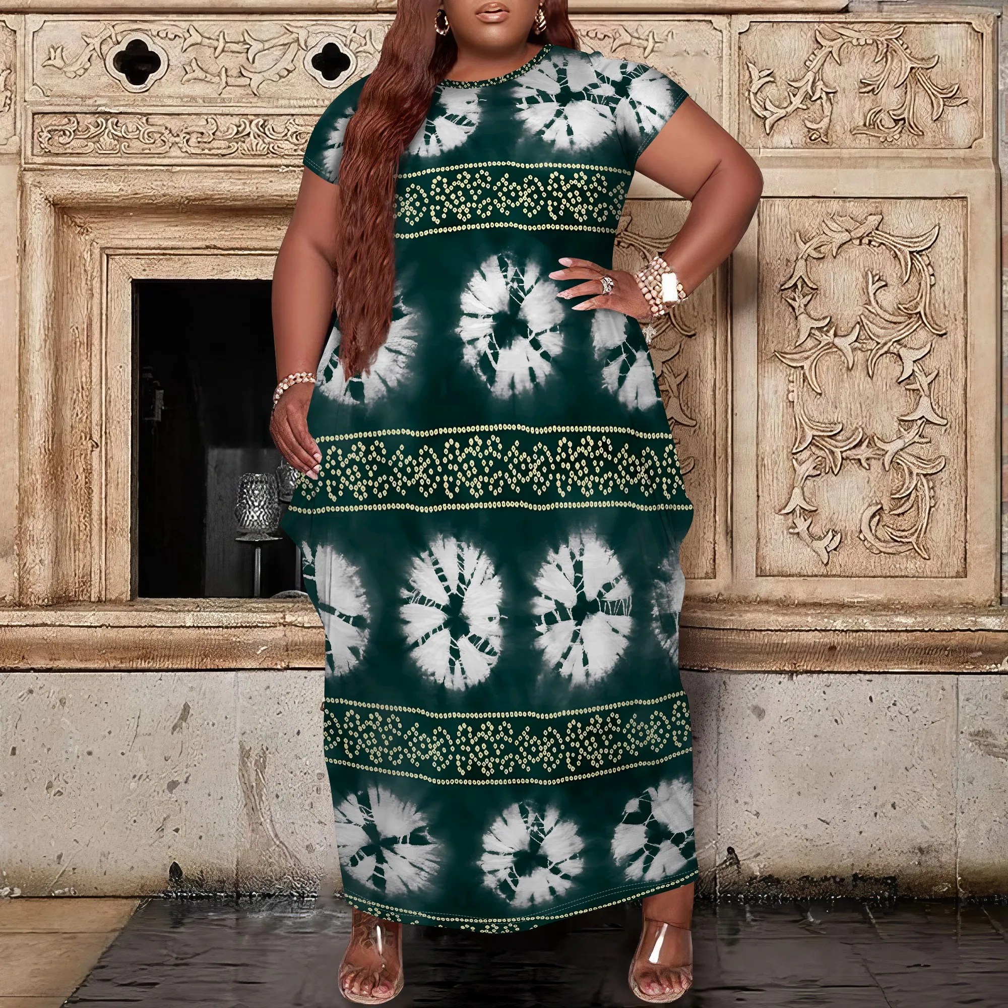 

Nupusa Dark Green Tie Dye Print Dress for Women Plus Size Summer Casual Round Neck Short Sleeve Maxi Dress