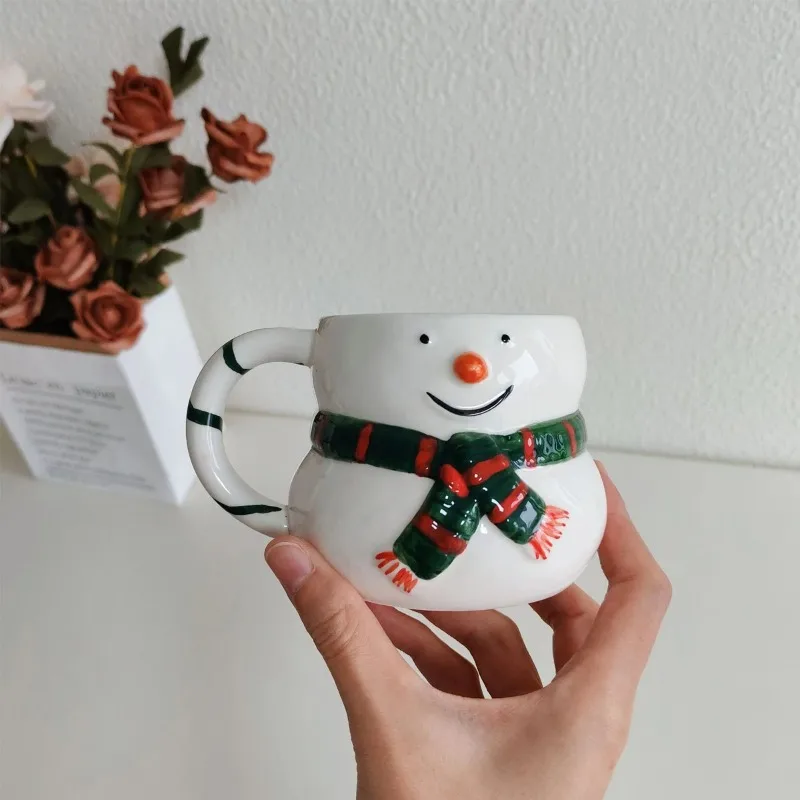 

Christmas Mug, Cute Cartoon Snowman Wearing a Scarf, Embossed Ceramic Coffee Mug, Perfect Christmas Gift, for Christmas Use