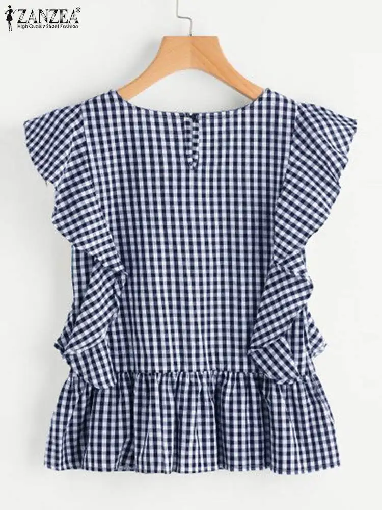 ZANZEA Fashion 2024 Summer Gingham Tanks Sleeveless Ruffles Women Casual Blouses Daily Holiday Checked Ruffled Hem Tees Tops