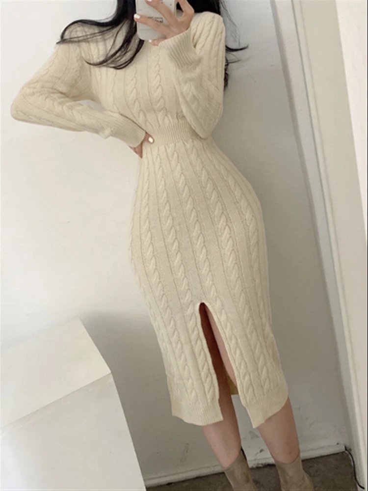 

Sweater Dress Women Woman 2022 Dresses Winter Clothing Korean Autumn Elegant New Solid Thick Knitted Vintage Warm Grey Vestido