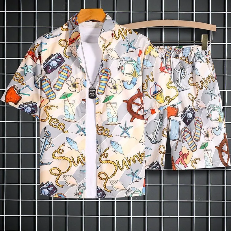 

French Fashion Cute Pattern Shirts and Short 2 Piece Sets Men Quick Drying Casual Outfits Hip Hop Male Beach Hawaii Handsome Top