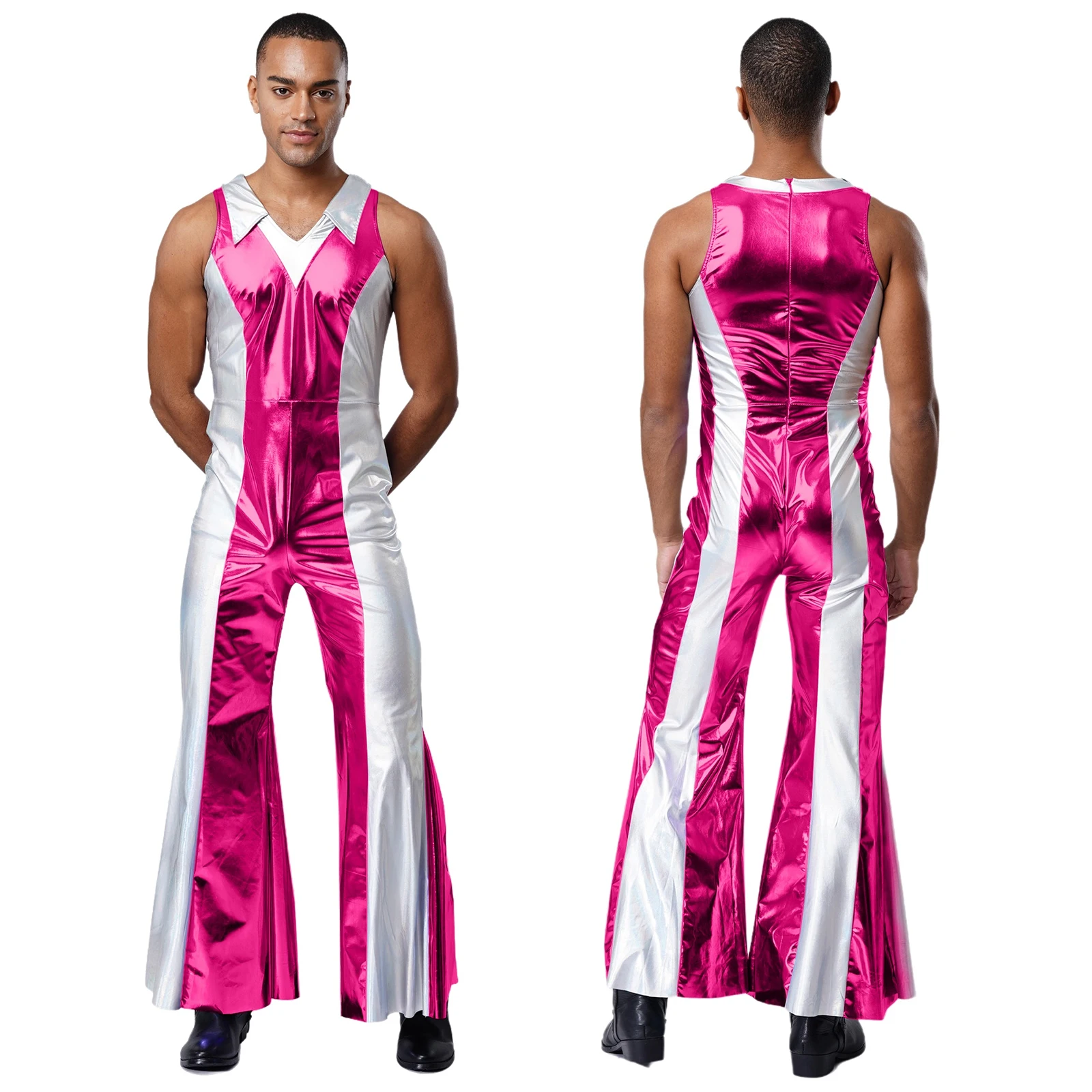 

Mens Adult 70s 80s Disco Party Prom Dance Jumpsuit Outfit Sleeveless Metallic Stylish Rompers for Party Club Jazz Tap Dancewear