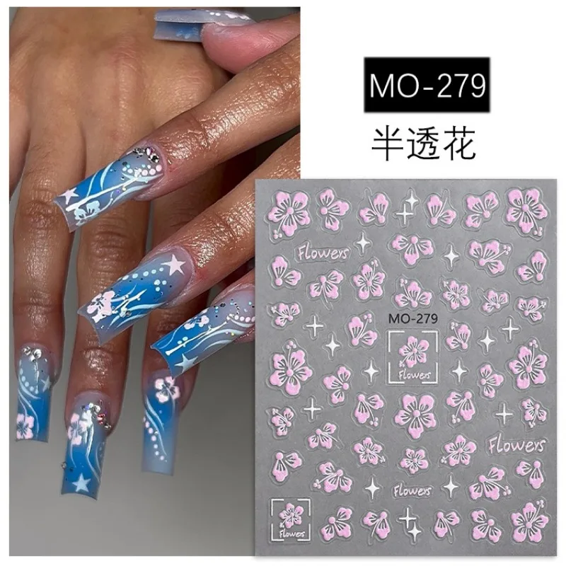 Hot-selling Embossed White Semi-transparent Floral Nail Stickers Pure Desire Style Pink Purple Small Floral DIY Nail Stickers