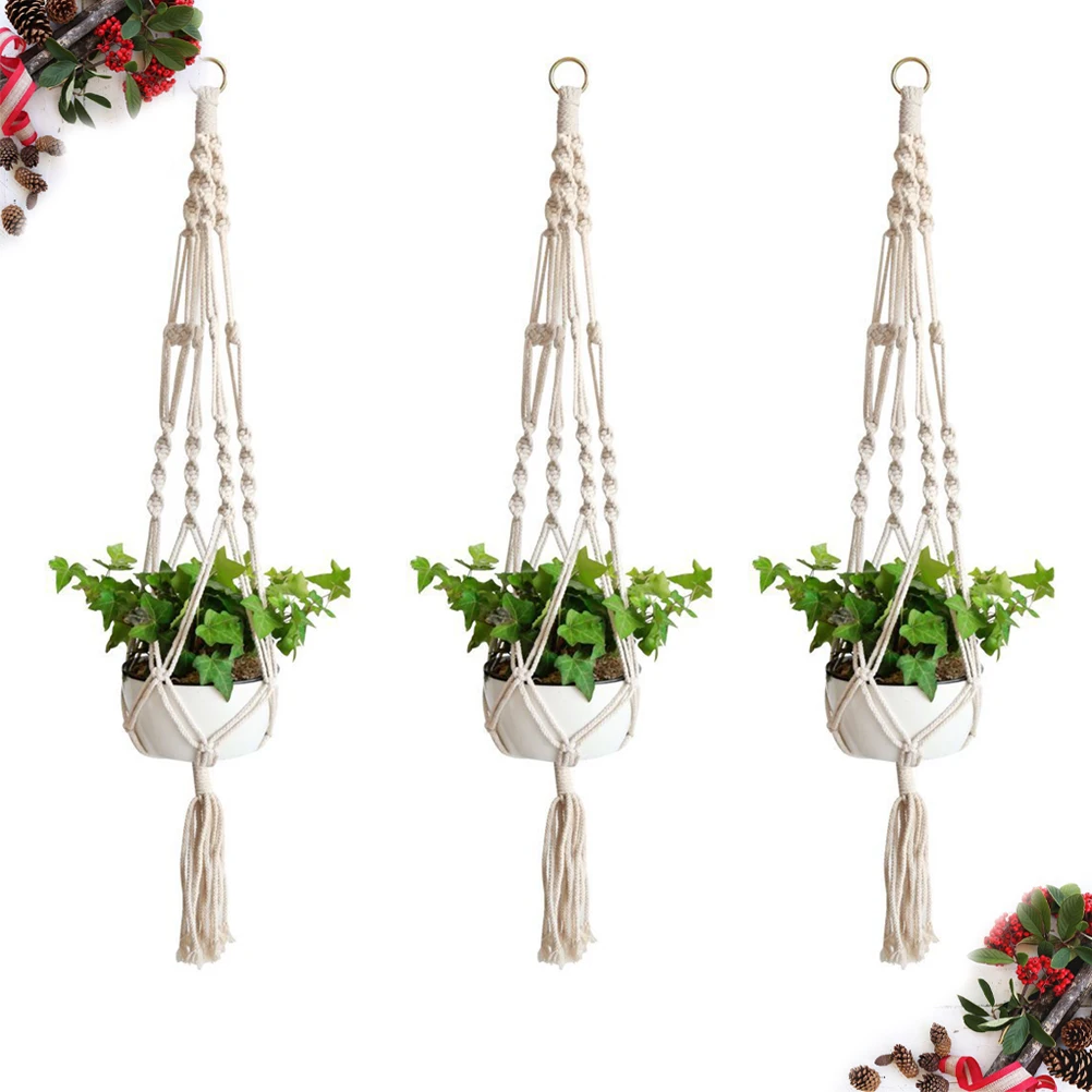 

3pcs Cotton Hanging Flowerpot Holder String Bag Home Decor Space Saving Hand Knitted Plant Net Bag Flannel Rope Basket Storage