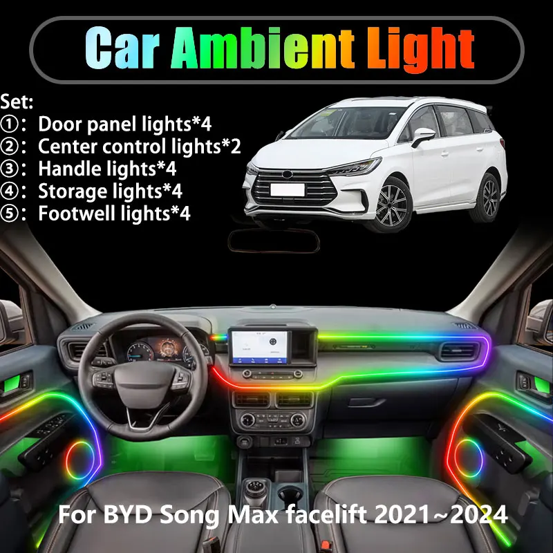

For BYD Song Max DM-i DMi 2022~2024 2023 2/18 in 1 Car ambient lighting Led trunk interior led lights USB RGB Ensemble Streamer