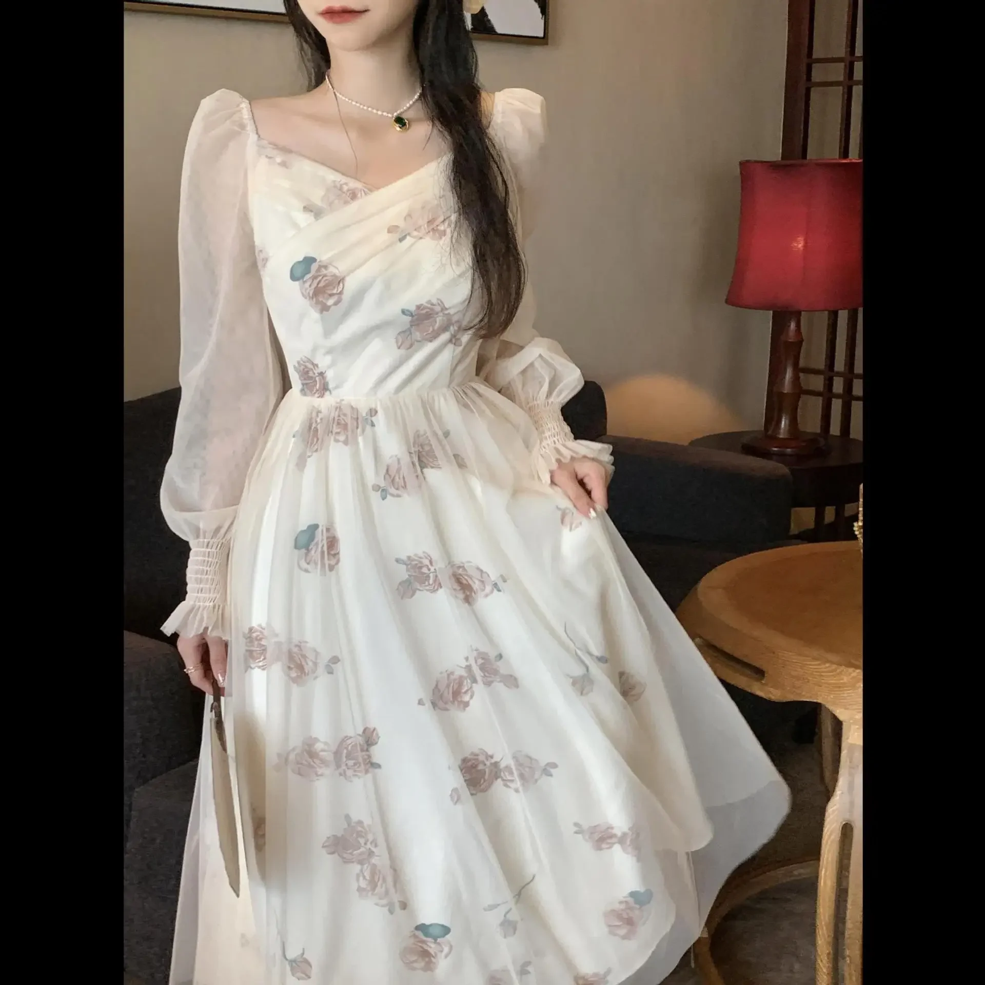 

Mesh Vintage Long Sleeve Midi Dress Women Casual Korean V-neck Long Fairy Dresses Elegant Women's Dresses for Party 2023 Autumn