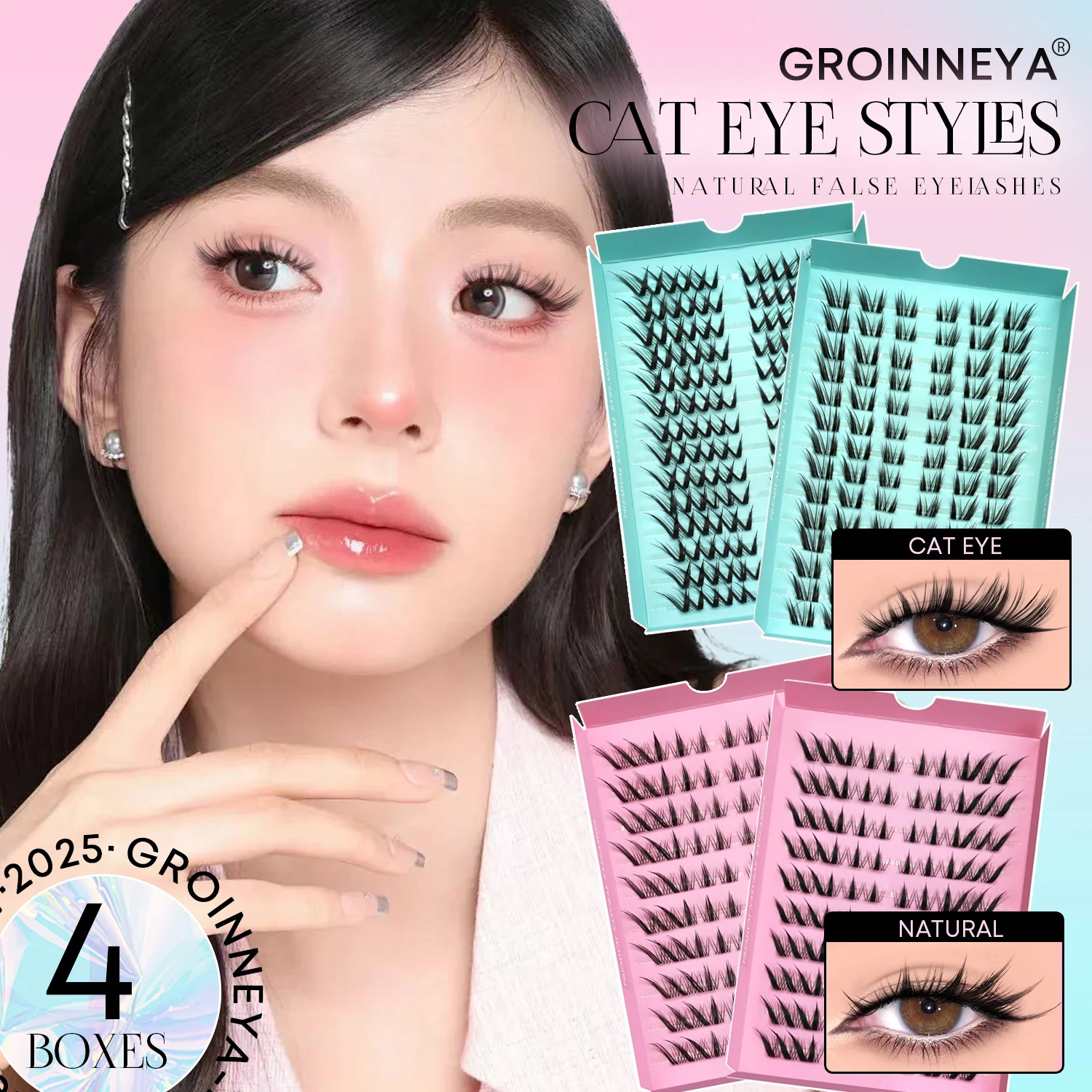 ขนตาปลอม GROINNEYA แบบ Cat Eye สำหรับต่อขนตาเอง แบบกลุ่ม ขนตาปลอมแบบ Manga Cluster นุ่ม ผสมแบบไขว้ ถาดขนตาปลอมธรรมชาติ สำหรับแต่งหน้า