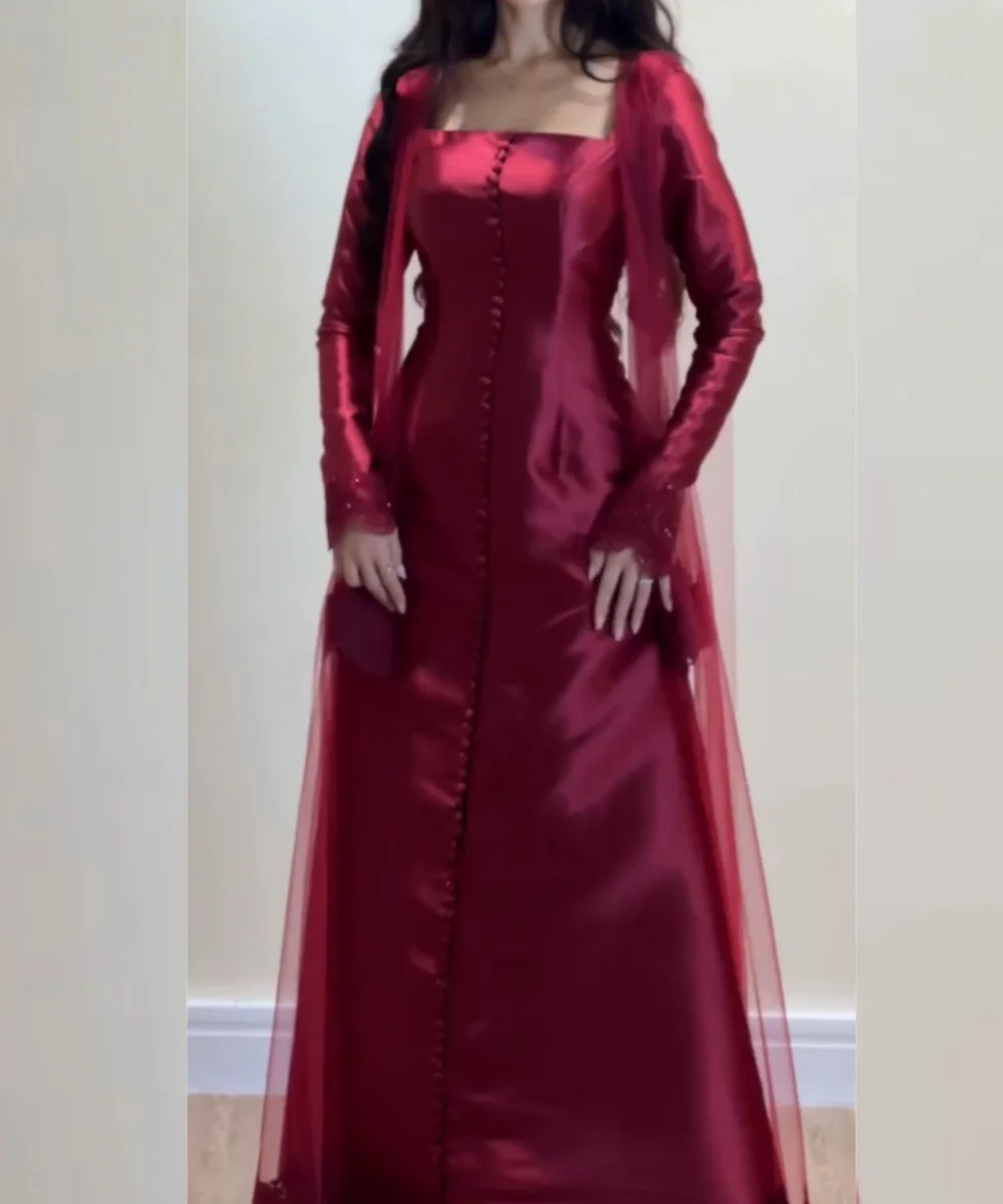 Customized Formal Charmeuse Pleat Button Lace A-line Square Neck Long Luxury Party Dresses Sizes Available Elegant
