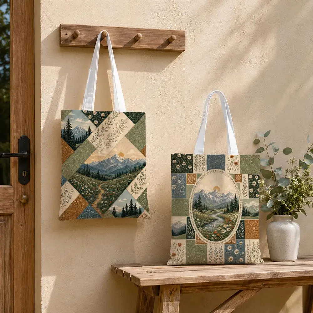 Vintage Mountain Wildflower Patchwork Storage Bags Tote Bag Reusable Shoulder Shopping Foldable For School Work Travel Daily Use