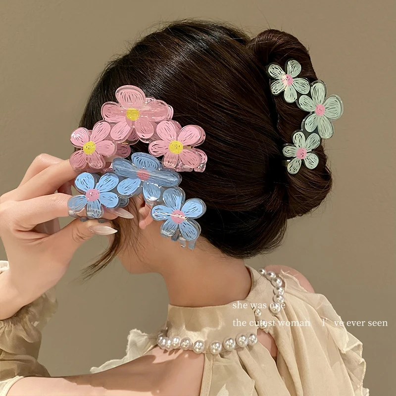 2023 Summer Hand-painted Flower Hair Claw Korean Sweet Colorful Acrylic Hair Clip for Women Girls Headwear