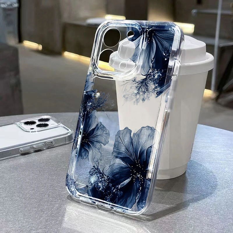 

Chinese Style Transparent Blue Hibiscus Floral Case For Redmi 13C Note 14 Pro+ 5G 13 Pro+ 12 Pro+ 10 Pro 11 Pro Soft TPU Cover