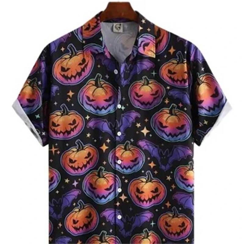 

2024 Men's Pumpkin Head Print Shirt Halloween Party Costume Hawaiian Short Sleeve Street Casual Fashion Shirt Horror Style