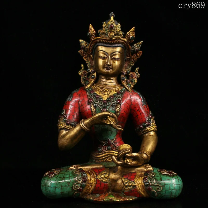 

Tibet Jokhang Temple old antique Pure copper Inlaid with gems Vajrasana statue