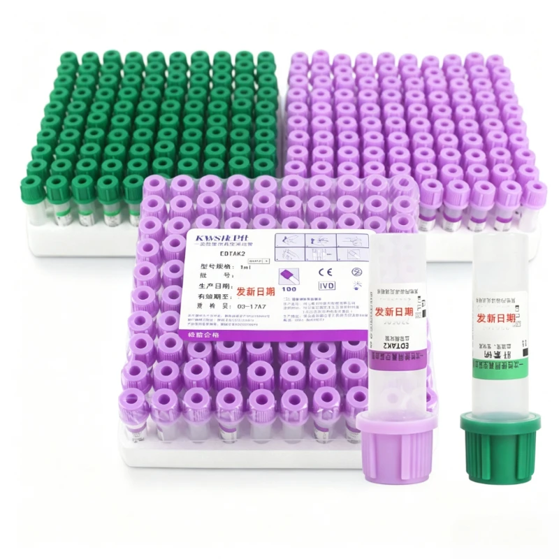 100 Sterile micro Blood Collection Tubes EDTA K2 K3 0.5ml 1ml Plastic Disposable Heparin Lithium Sodium Test Tube