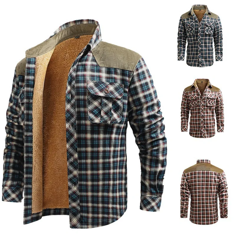 

European Size Jacket with Added Velvet and Thick Insulation Shirt, Men's Long Sleeved Casual Work Clothes, Checkered Shirt