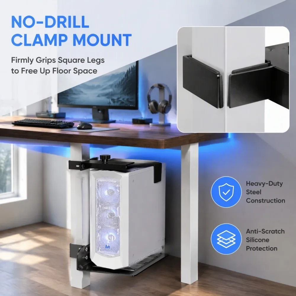 Adjustable Under Desk PC Mount Non-Slip Pads Silicone Pads Computer Holder Suit Square Tube Legs Heavy Duty CPU Bracket Office