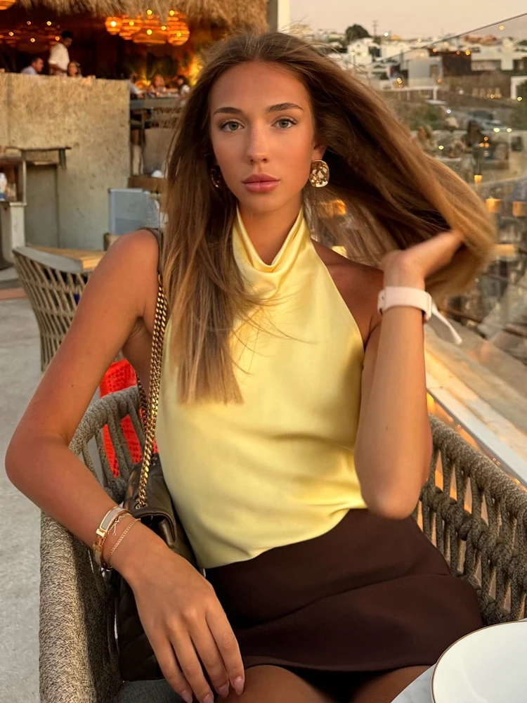 HH Primavera Elegante Top Halter de Satén para Mujer 2026 Verano Sin Espalda Hombros Descubiertos Corsé Chaleco Moda Femenina Top Corto Ajustado