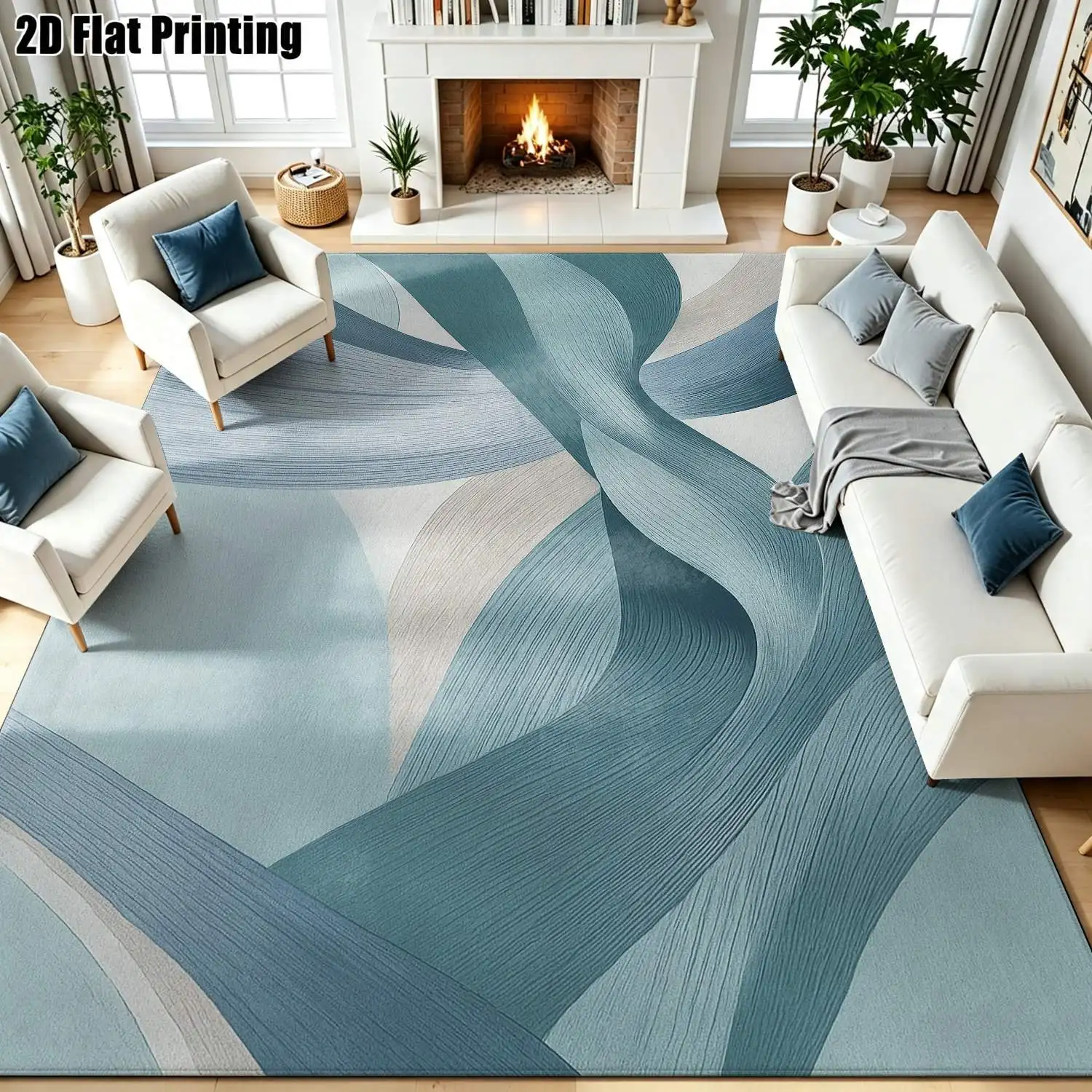 1Pc 2D Printed Carpet: Blue-Grey Abstract Art, Nordic/Instagram-Inspired, Geometric Line Modern Minimalist Style, Home Decor, Multi-Size, Machine-Washable, for Entrance, Living Room, Bedroom, Dining Room, Study