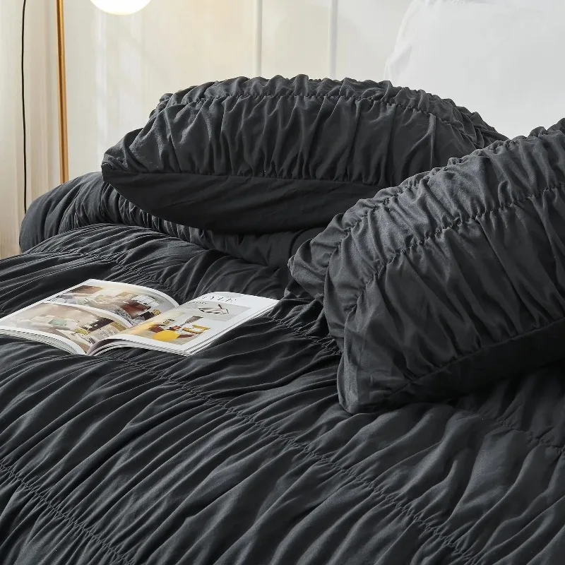 Ruched Black Duvet Cover Soft and Luxury Twin Queen King Comforter Cover Boho Shabby Chic Bedding Set - Fluffy 2/3 Piece Set