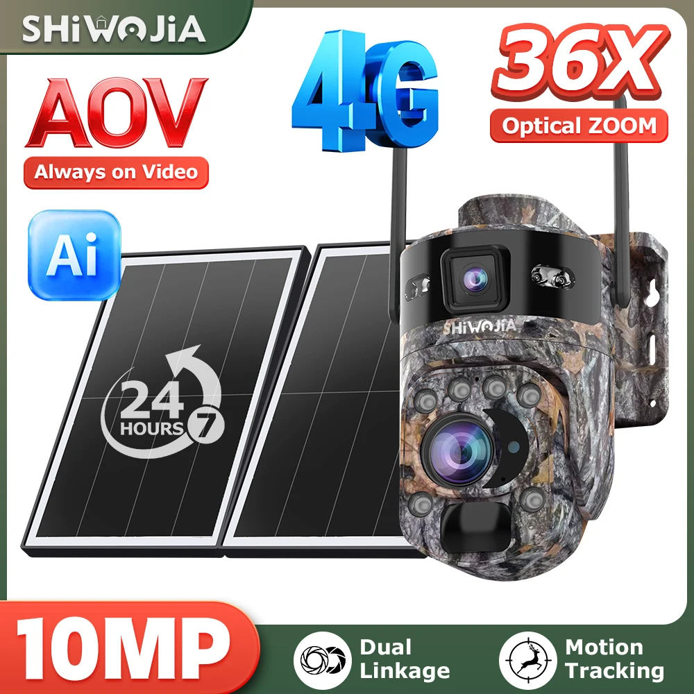 SHIWOJIA 8K 15MP 4G Solar Camera 36X Zoom Len Recording Camouflage Tracking Outdoor WIFI Camera Metal Waterproof CCTV 20800mAh