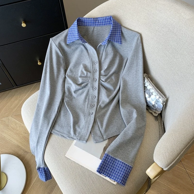 

Autumn Vintage Plaid Patchwork Polo Collar Women's T-shirts Casual Single Breasted Long Sleeve Knitted Shirts Tops Female 2025