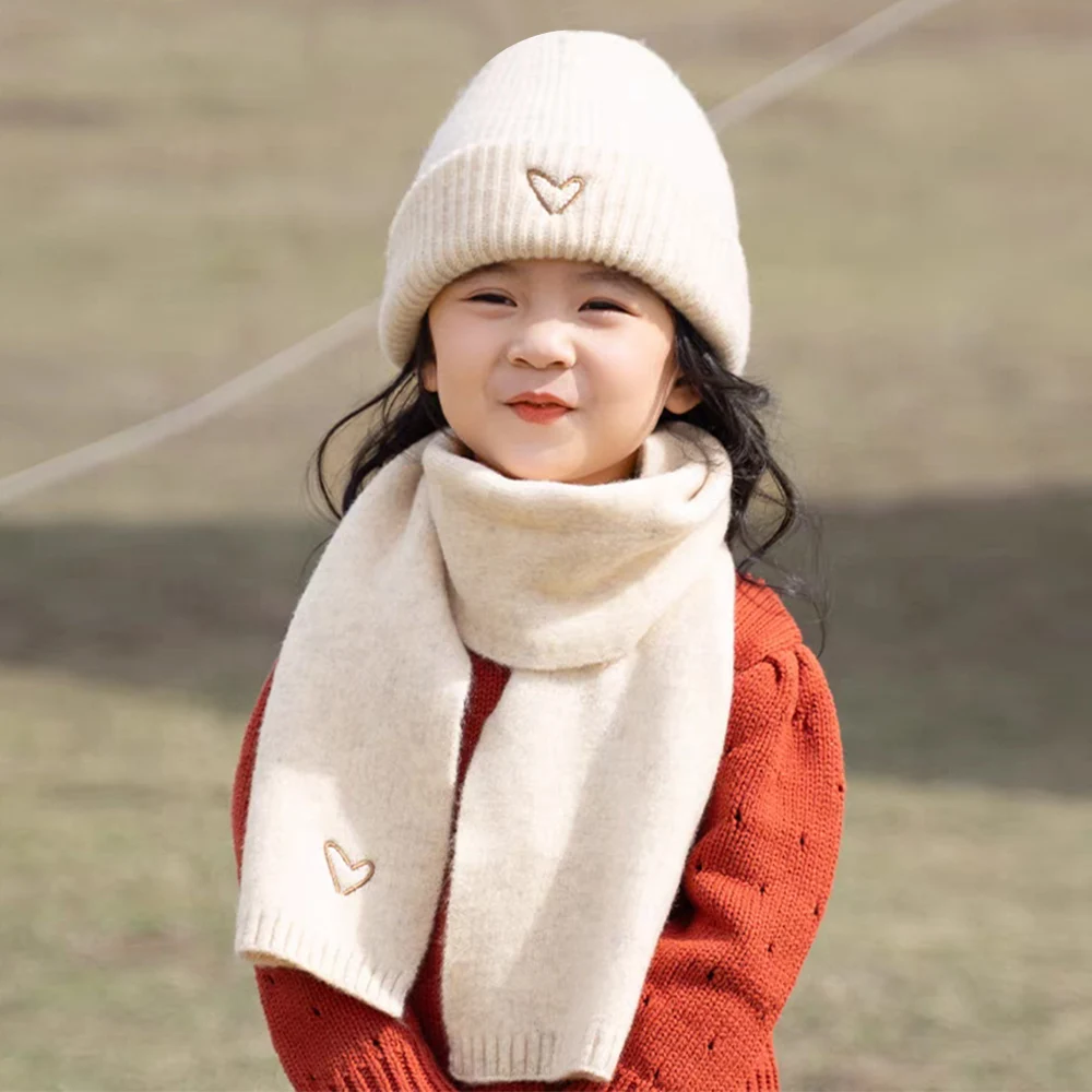 Korean Girls Children's All-match Solid Knitted Wool Hat Scarf Candy Color Autumn Winter Boys Baby Warm Embroidery Scarfs Set