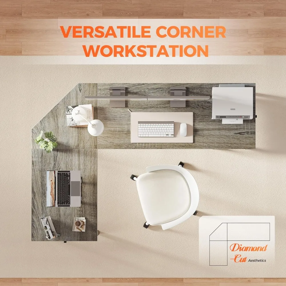 مكتب مكتب منزلي على شكل حرف L، مكتب ألعاب كمبيوتر زاوية 59 بوصة مع حامل وحدة المعالجة المركزية الخشبية، طاولة كتابة للدراسة للعمل المريح أ