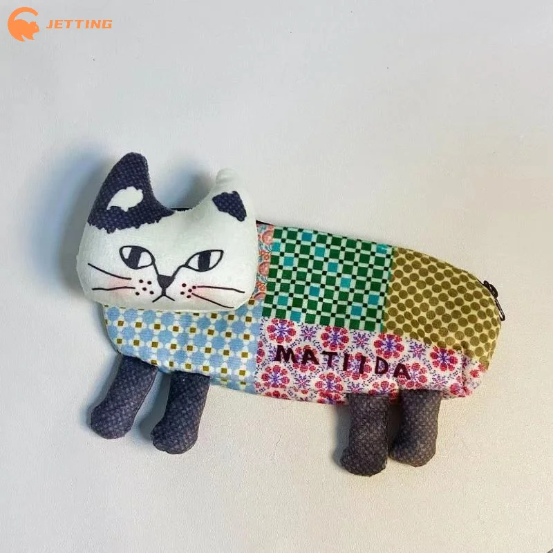 (New) 1Pcs Cute Cat Shaped Pencil Pouch Soft Patchwork Fabric Sturdy Zipper For Student School Stationery Storage