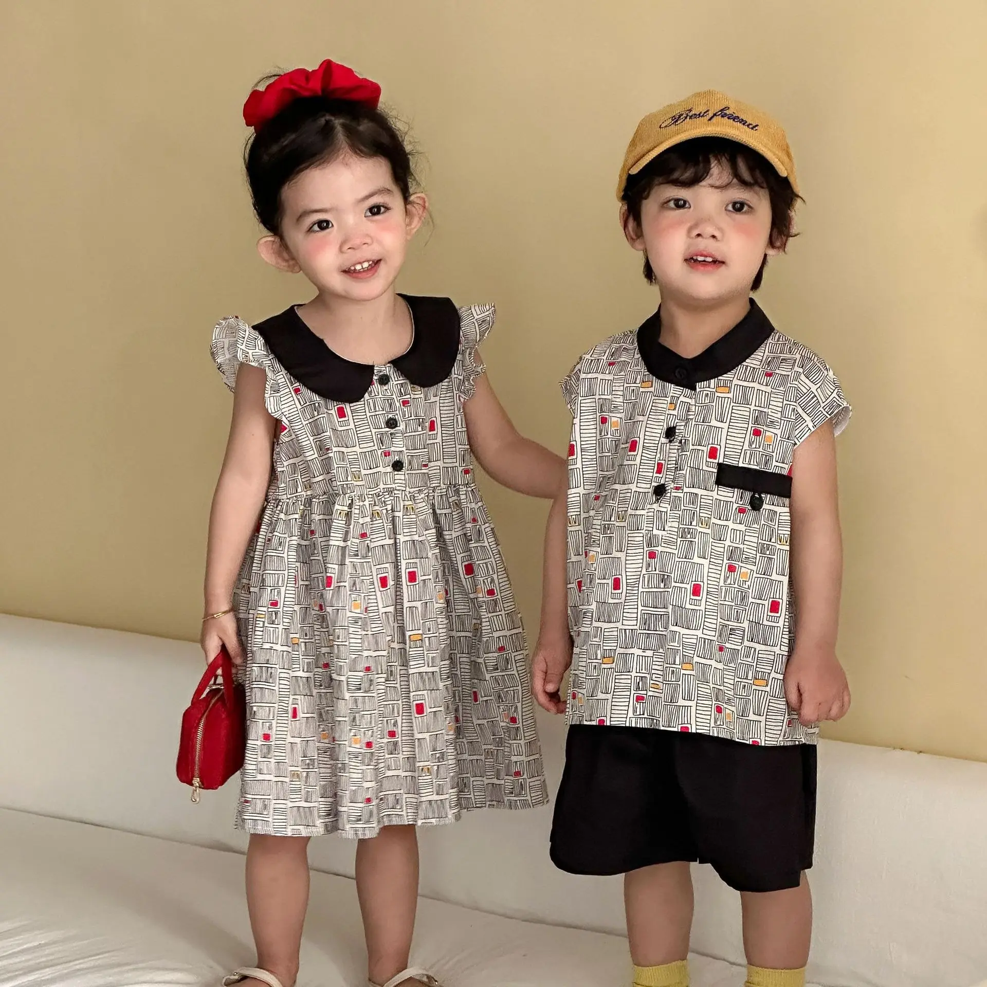 

2026 Summer New Fashion Brother Sister Outfit Children Casual Clothes Set Boys Short Sleeve T Shirt 2pcs Suit Girls Cotton Dress