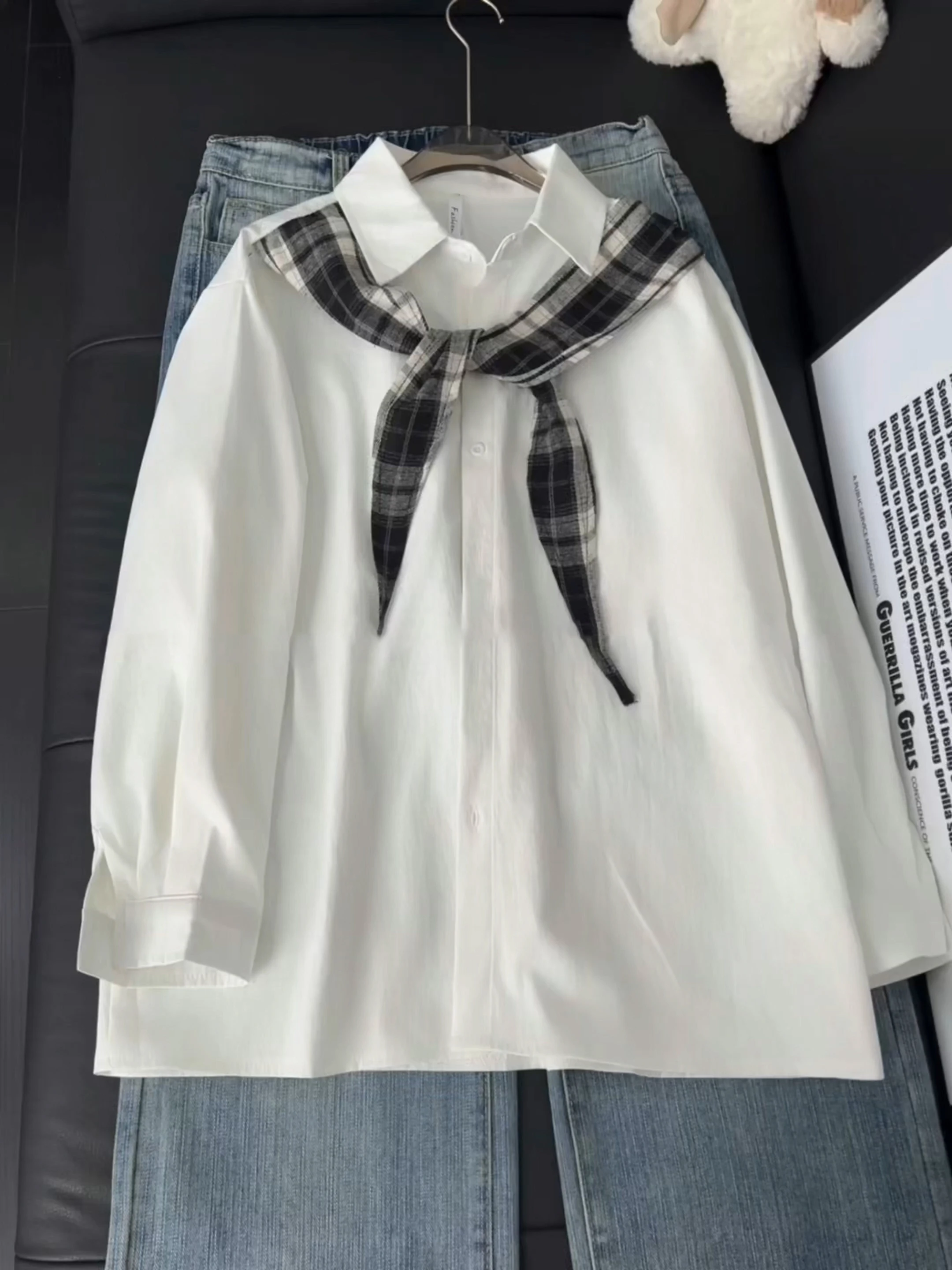 

White Plaid irt Casual Men's Spring Outfit Couple's Loose Fit Long Sve Button up College Sle Outerwear Fake Two-Piece