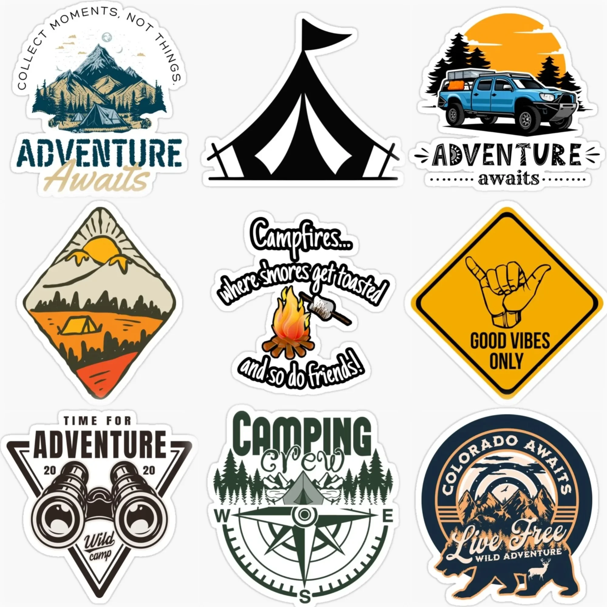 

Adventure Awaits Travel Camping Mountain Car Stickers for Van Bicycle Motorcycle Helmet Bumper Wall Decal Accessories