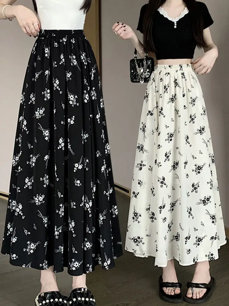 

Chiffon Floral Skirt Female Summer High-waisted Mid-length A-line Skirt 2024 New Slimming Umbrella Skirt Women's Clothing