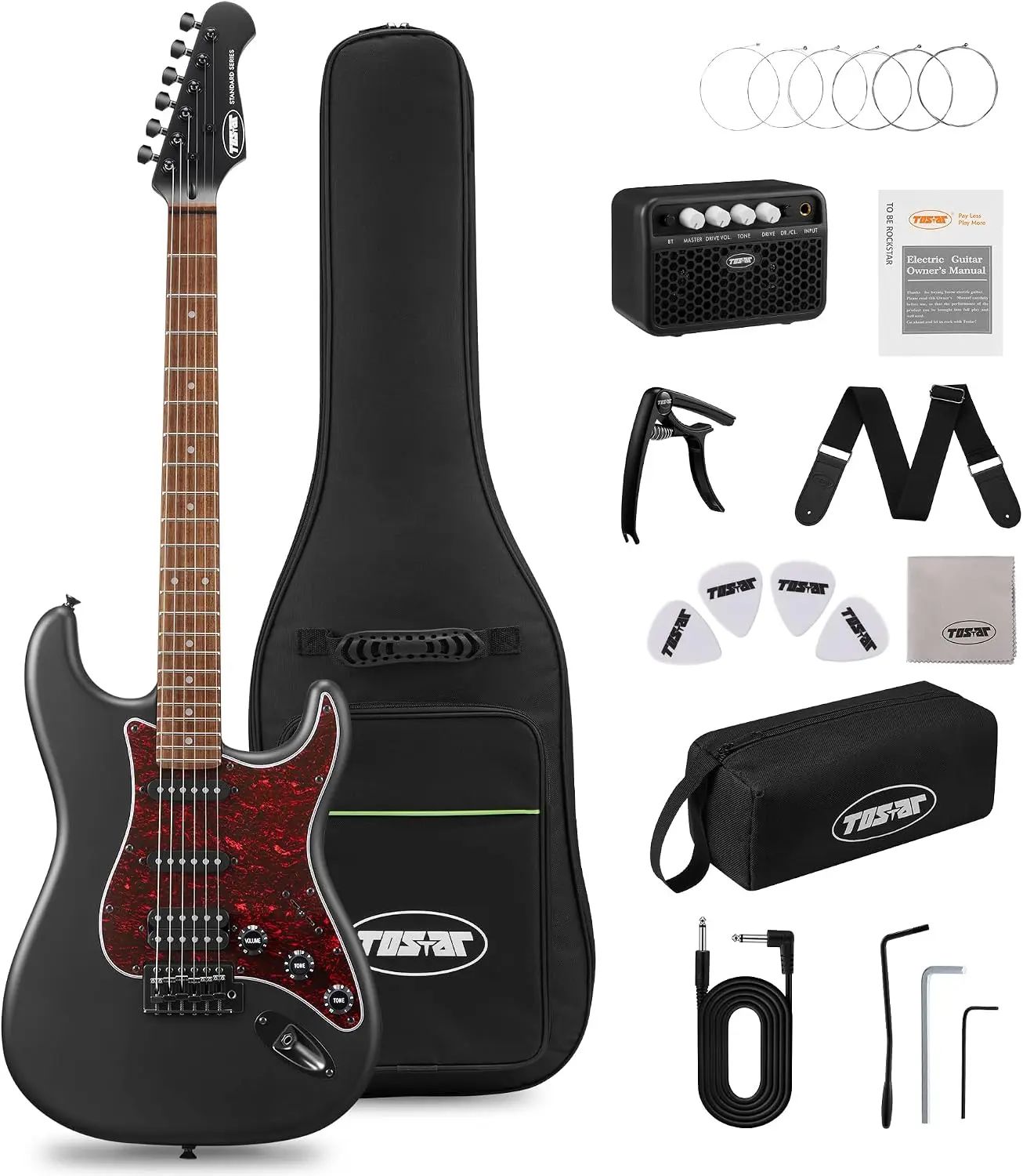 HSS Electric Guitar Beginner Kit with Amplifier, 39-Inch, Matte Black
