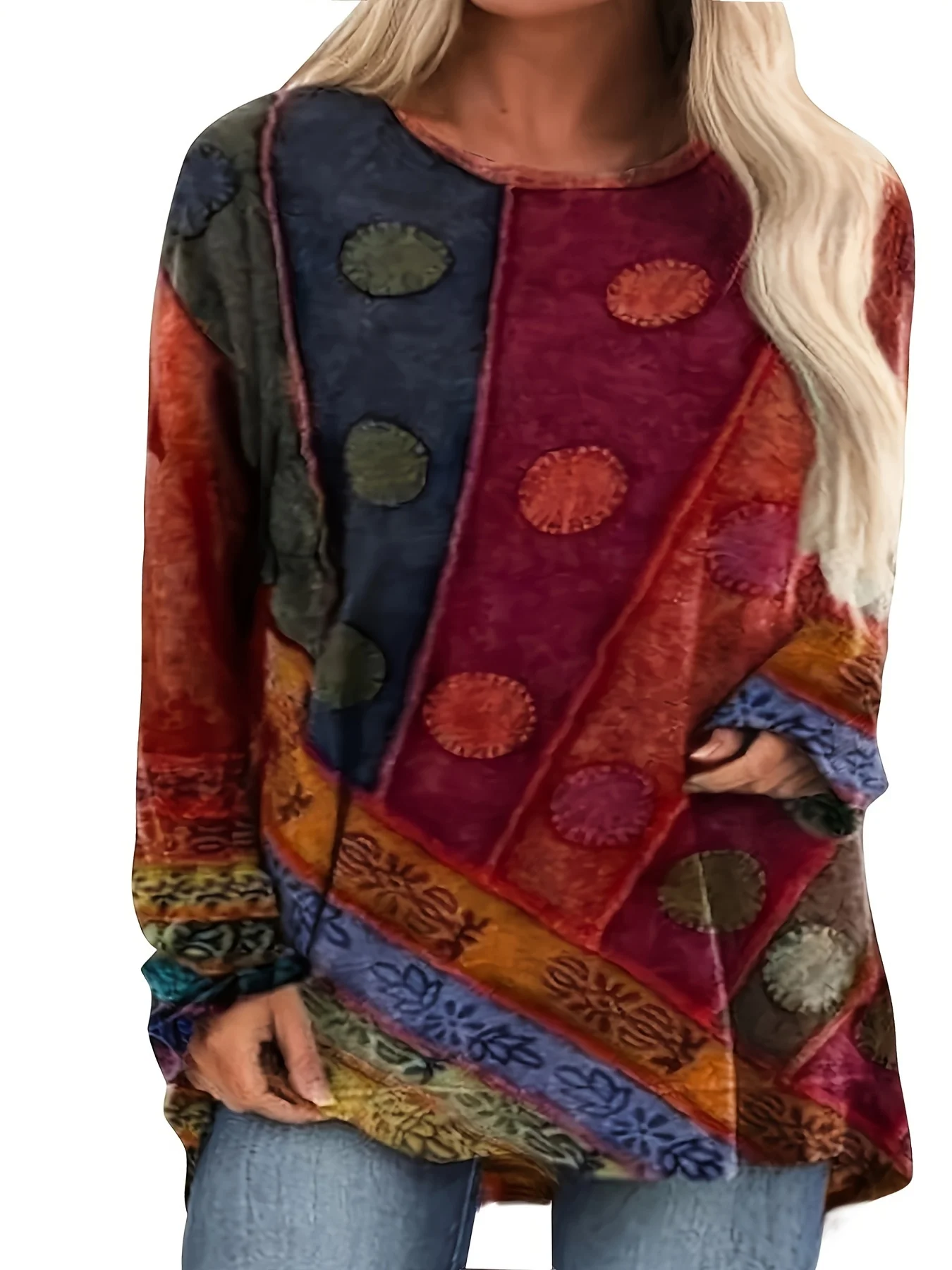 Plus Size Bohemian Style Colorful Patchwork Oversized T-Shirt for Women Ideal for Casual Wear