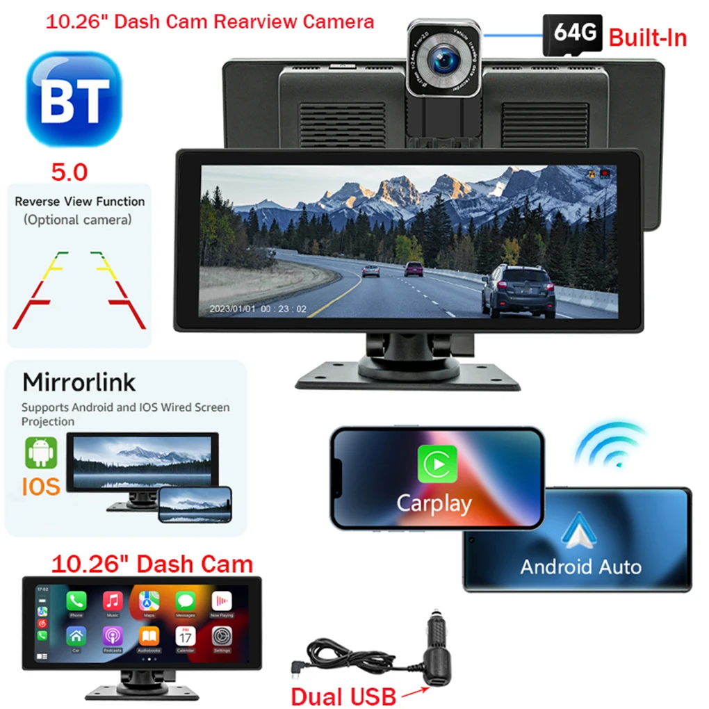 

10.26Inch HD IPS Screen Car Radio Wireless Dash Cam Built-In 64G With Voice Control Car DVR BT FM Monitor