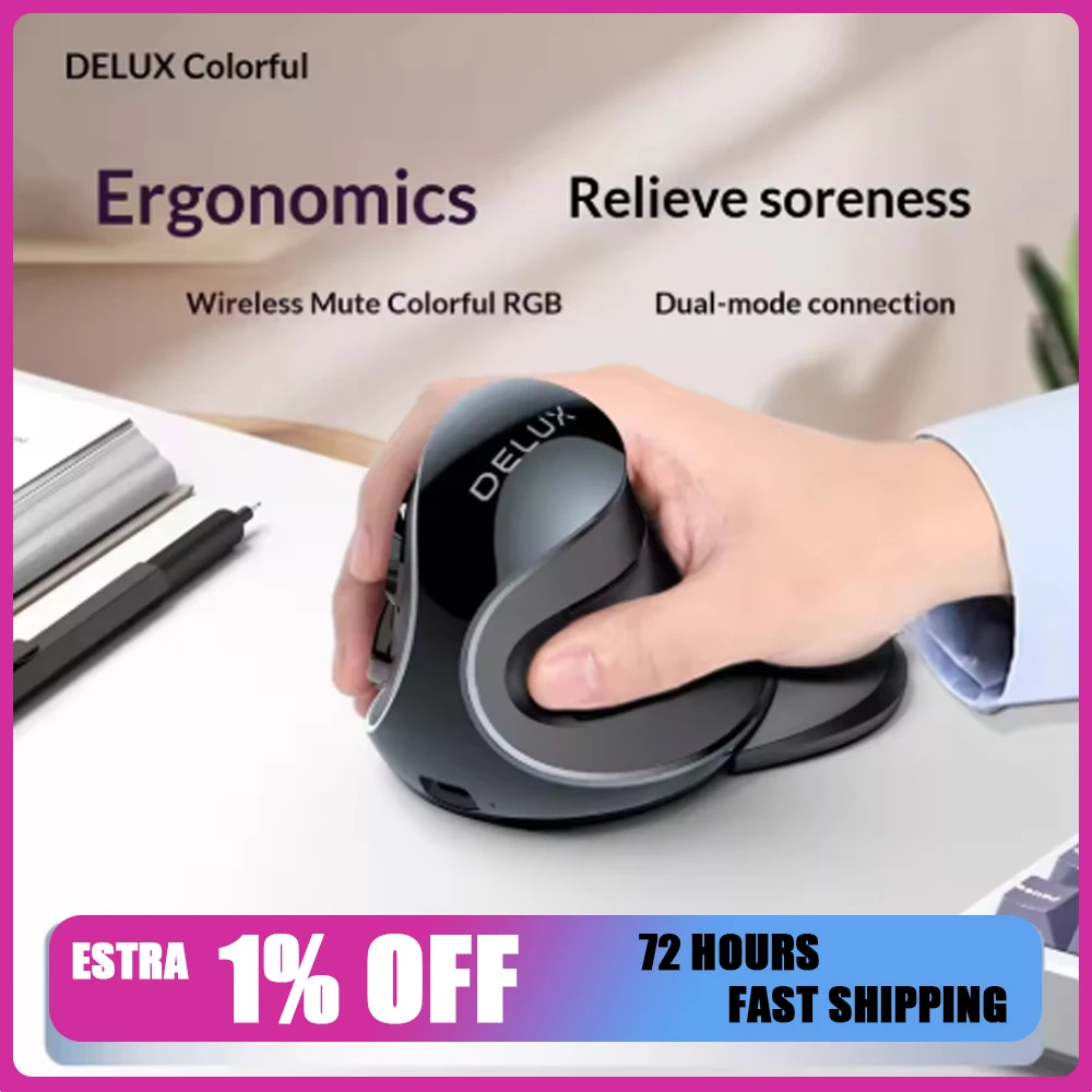 DELUX M618PLUS Mouse Kinesiology Office Work RGB Wireless Mouse Low Delay Mute Vertical Mouse For PC Accessories Gifts Gifts
